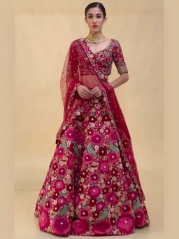 Odette - Magenta Velvet Embroidered Semi-Stitched Lehenga for Women