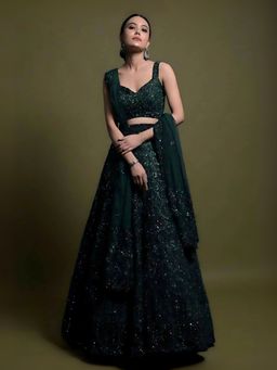 Odette - Dark Green Net Embellished Semi-Stitched Lehenga for Women