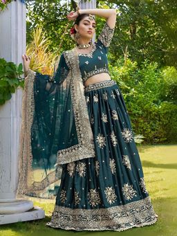 Odette - Green Satin Embroidered Semi-Stitched Lehenga for Women