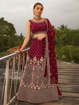 Odette - Maroon Satin Silk Embroidered Semi-Stitched Lehenga for Women