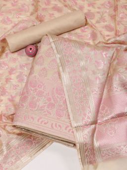 MEENA BAZAAR - Beige Woven Chanderi Unstitched Dress Material with Dupatta