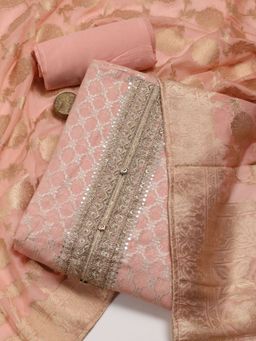 MEENA BAZAAR - Peach Neck Patti Embroidred Chanderi Unstitched Dress Material with Dupatta
