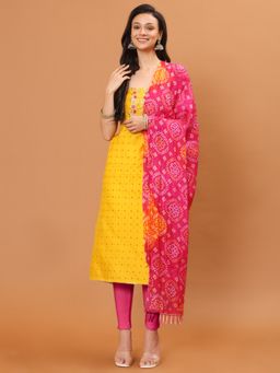 MEENA BAZAAR - Yellow Neck Embroidered Chanderi Unstitched Dress Material with Dupatta