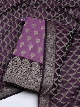 MEENA BAZAAR - Mauve Floral Woven Booti Chanderi Unstitched Dress Material with Dupatta