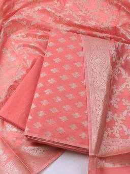 MEENA BAZAAR - Peach Banarasi Chanderi Woven Unstitched Dress Material with Dupatta