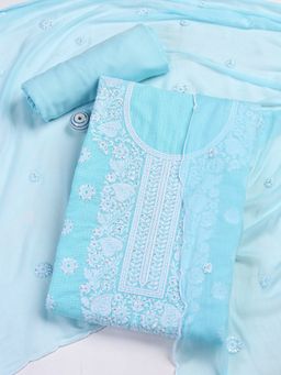 MEENA BAZAAR - Blue Embroidered Cotton Blend Unstitched Dress Material with Dupatta
