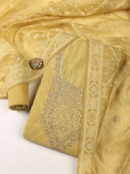 MEENA BAZAAR - Yellow Neck Woven Chanderi Unstitched Dress Material with Dupatta