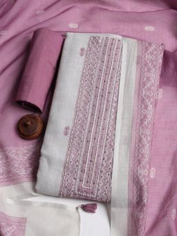 MEENA BAZAAR - Beige Printed Linen Unstitched Dress Material with Dupatta