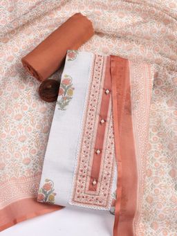 MEENA BAZAAR - White Printed Linen Unstitched Dress Material with Dupatta