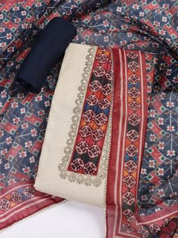 MEENA BAZAAR - Blue Printed Linen Unstitched Dress Material with Dupatta