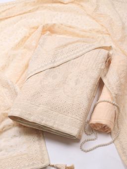 MEENA BAZAAR - Cream Embroidered Georgette Unstitched Dress Material with Dupatta