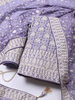 MEENA BAZAAR - Lavender Embroidered Georgette Unstitched Dress Material with Dupatta