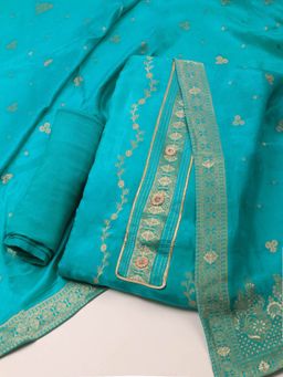 MEENA BAZAAR - Blue Woven Chanderi Unstitched Dress Material with Dupatta
