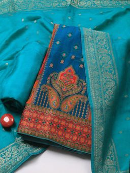 MEENA BAZAAR - Green Woven Art Silk Unstitched Dress Material with Dupatta