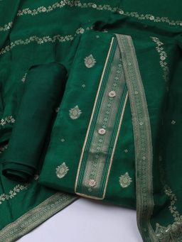 MEENA BAZAAR - Green Floral Chanderi Unstitched Dress Material with Dupatta