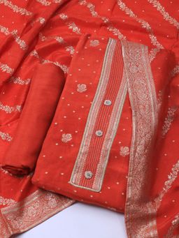 MEENA BAZAAR - Red Woven Chanderi Unstitched Dress Material with Dupatta