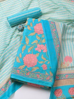 MEENA BAZAAR - Blue Printed Cotton Blend Unstitched Dress Material with Dupatta