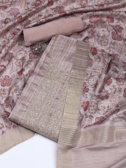 MEENA BAZAAR - Brown Neck Floral Art Tussar Unstitched Dress Material with Dupatta