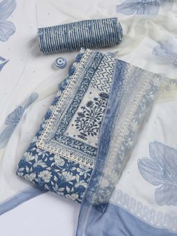 MEENA BAZAAR - Blue Printed Cotton Blend Unstitched Dress Material with Dupatta