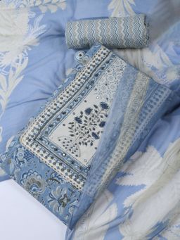 MEENA BAZAAR - Blue Neck Floral Cotton Blend Unstitched Dress Material with Dupatta