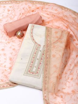 MEENA BAZAAR - Cream Neck Floral Tissue Unstitched Dress Material with Dupatta