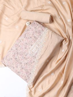 MEENA BAZAAR - Pink Printed Cotton Blend Unstitched Dress Material with Dupatta