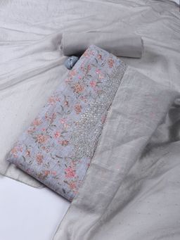 MEENA BAZAAR - Grey Neck Printed Linen Unstitched Dress Material with Dupatta