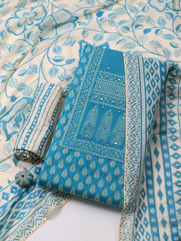 MEENA BAZAAR - Blue Printed Cotton Blend Unstitched Dress Material with Dupatta