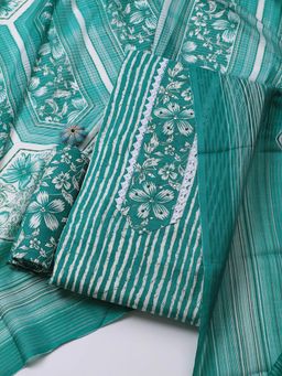 MEENA BAZAAR - Green Printed Cotton Blend Unstitched Dress Material with Dupatta