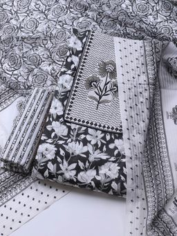 MEENA BAZAAR - Black Printed Cotton Blend Unstitched Dress Material with Dupatta