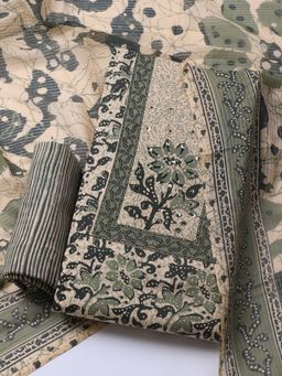 MEENA BAZAAR - Green Printed Cotton Blend Unstitched Dress Material with Dupatta