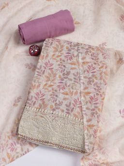 MEENA BAZAAR - Beige Printed Cotton Blend Unstitched Dress Material with Dupatta
