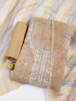 MEENA BAZAAR - Beige Embroidered Chanderi Unstitched Dress Material with Dupatta