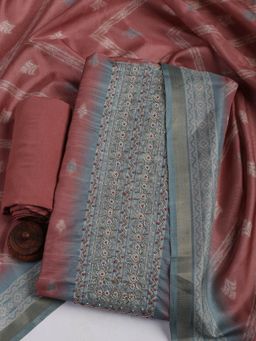 MEENA BAZAAR - Peach Embroidered Chanderi Unstitched Dress Material with Dupatta