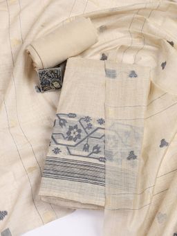 MEENA BAZAAR - Cream Woven Cotton Blend Unstitched Dress Material with Dupatta