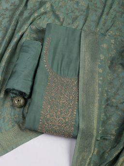 MEENA BAZAAR - Green Embroidered Chanderi Unstitched Dress Material with Dupatta