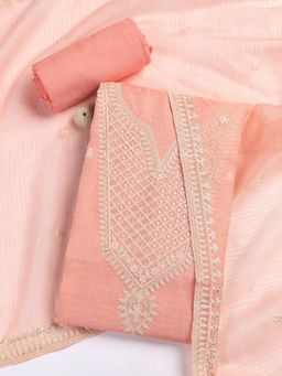 MEENA BAZAAR - Peach Embroidered Cotton Blend Unstitched Dress Material with Dupatta