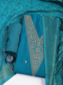 MEENA BAZAAR - Blue Embroidered Chanderi Unstitched Dress Material with Dupatta