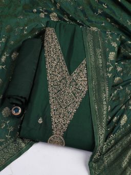 MEENA BAZAAR - Green Embroidered Chanderi Unstitched Dress Material with Dupatta