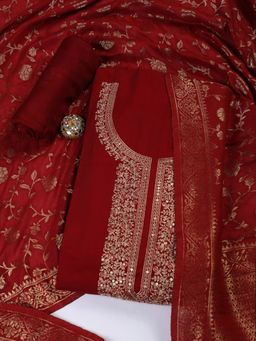 MEENA BAZAAR - Red Embroidered Chanderi Unstitched Dress Material with Dupatta