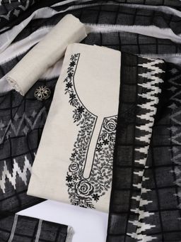 MEENA BAZAAR - Cream Neck Woven Cotton Blend Unstitched Dress Material with Dupatta