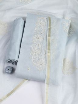 MEENA BAZAAR - Blue Neck Embroidered Cotton Blend Unstitched Dress Material with Dupatta