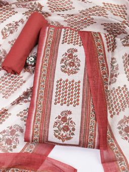 MEENA BAZAAR - White Printed Chanderi Unstitched Dress Material with Dupatta