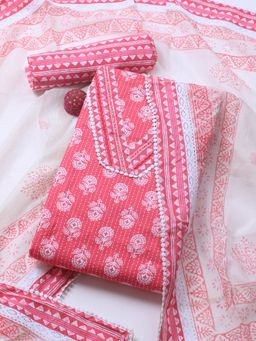 MEENA BAZAAR - Pink Printed Cotton Blend Unstitched Dress Material with Dupatta