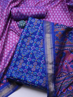 MEENA BAZAAR - Blue Art Silk Printed Unstitched Dress Material with Dupatta