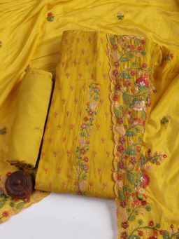 MEENA BAZAAR - Mustard Neck Embroidered Cotton Blend Unstitched Dress Material with Dupatta
