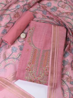 MEENA BAZAAR - Pink Neck Embroidered Cotton Blend Unstitched Dress Material with Dupatta