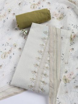 MEENA BAZAAR - Cream Printed Cotton Blend Unstitched Dress Material with Dupatta
