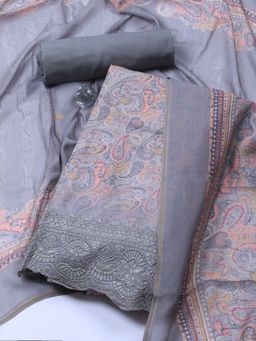 MEENA BAZAAR - Grey Printed Muslin Unstitched Dress Material with Dupatta