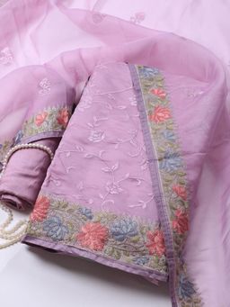 MEENA BAZAAR - Lavender Neck Embroidered Organza Unstitched Dress Material with Dupatta